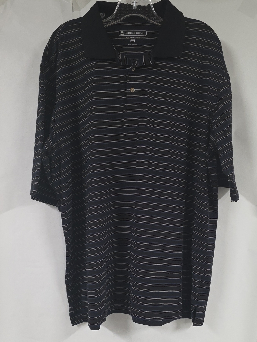 Pebble Beach Performance Men's Golf Polo, Black Blue Pin Striped Shirt, Size XXL